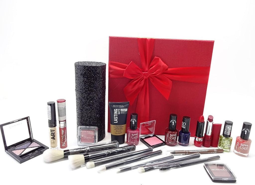 Full display of the Rimmel London Glam Make Up Set products, including lipsticks, blush, and brushes