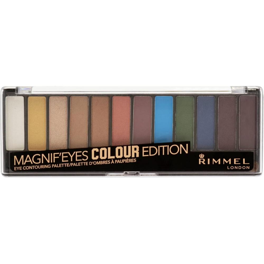 Rimmel Magnif'Eyes Colour Edition eyeshadow palette featuring a variety of neutral and bold shades.