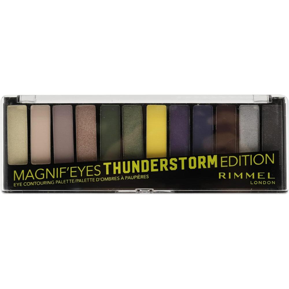 Rimmel Magnif’Eyes Thunderstorm Edition Eyeshadow Palette closed with 12 shades.