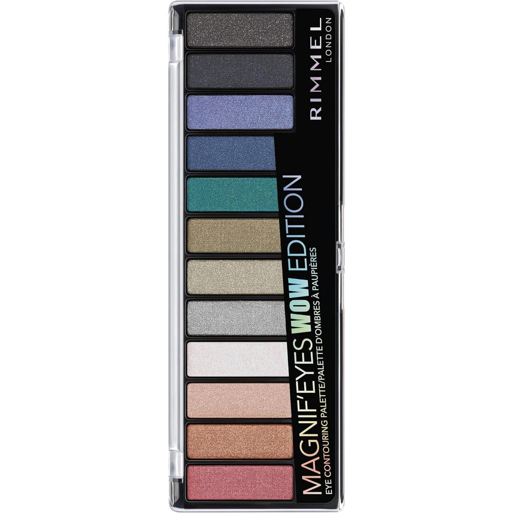 Rimmel Magnif'Eyes Wow Edition eyeshadow palette with 12 vibrant shades.