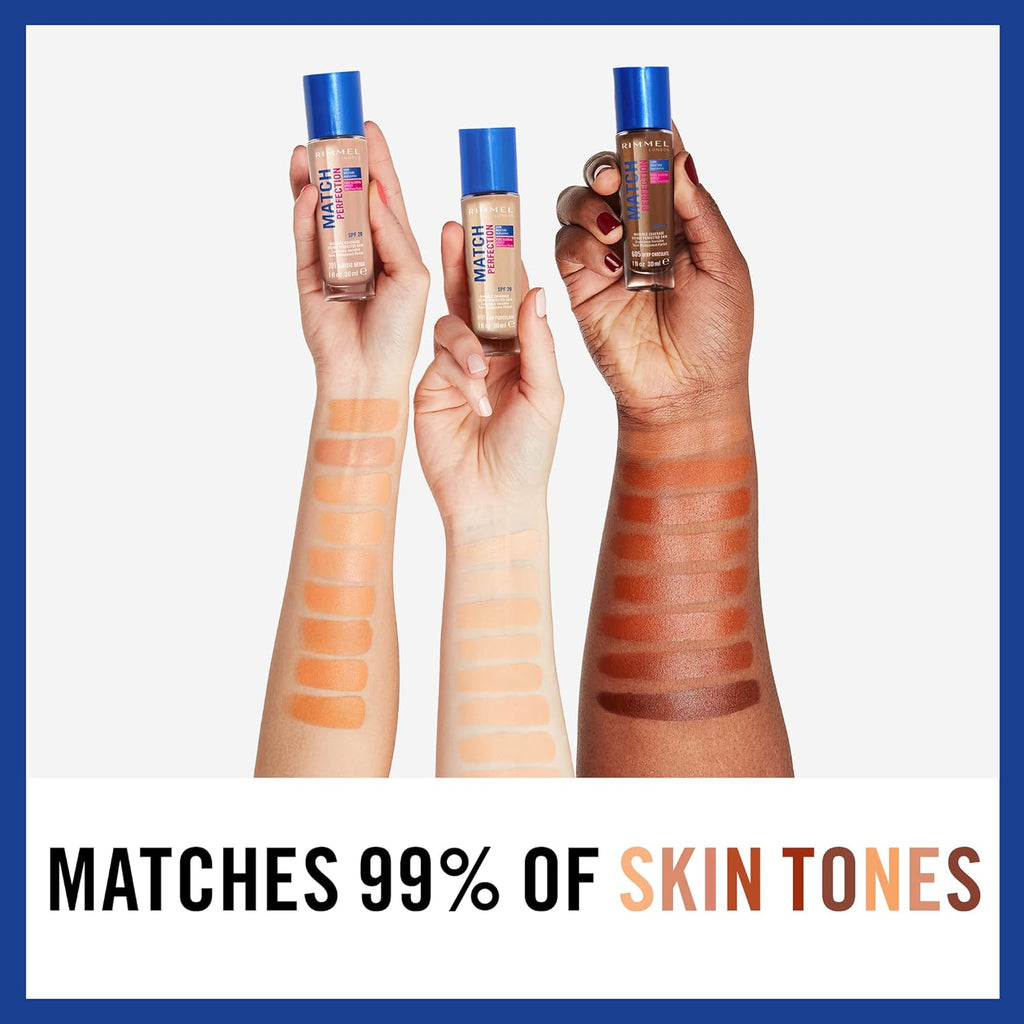 Arm swatches showing multiple shades of Rimmel Match Perfection Foundation including 502 Caramel