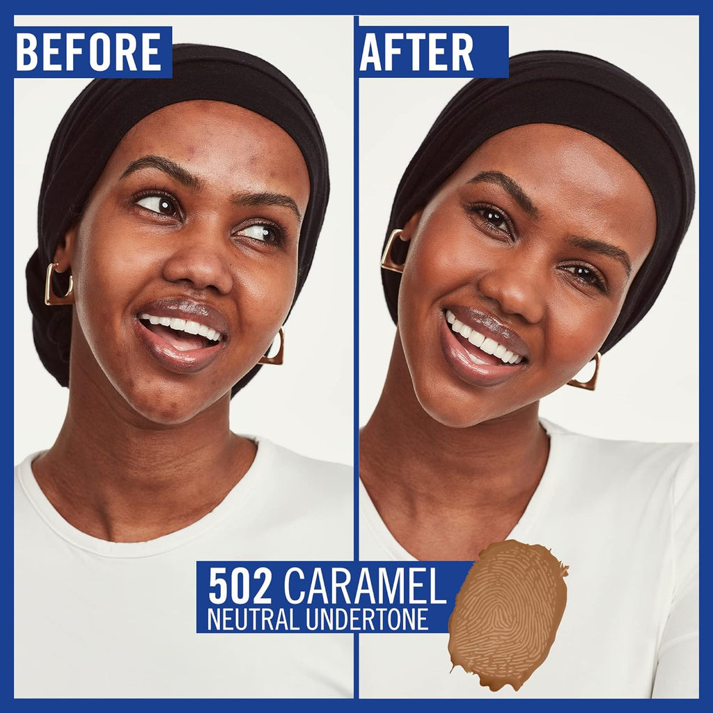 Before and after application of Rimmel Match Perfection Foundation 502 Caramel on model with neutral undertone