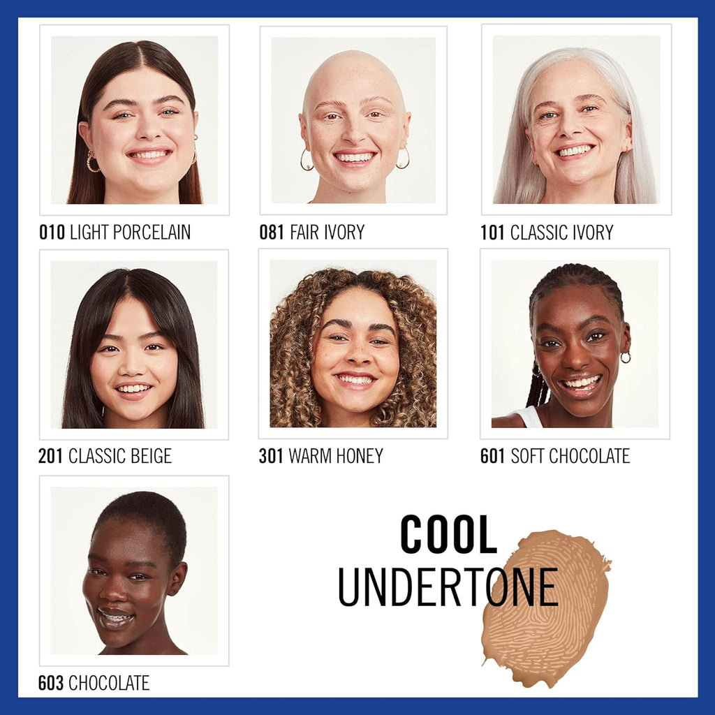 Models showcasing cool undertone shades of Rimmel Match Perfection including visual shade range