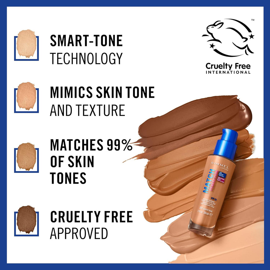 Rimmel Match Perfection Foundation features Smart-Tone technology, skin tone matching, cruelty free