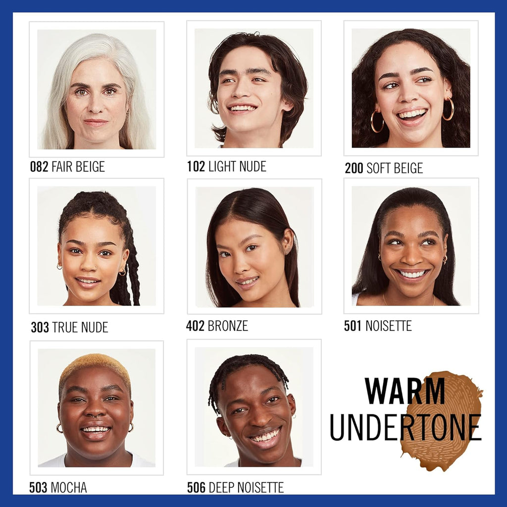 Models displaying warm undertone shades of Rimmel Match Perfection alongside 502 Caramel option