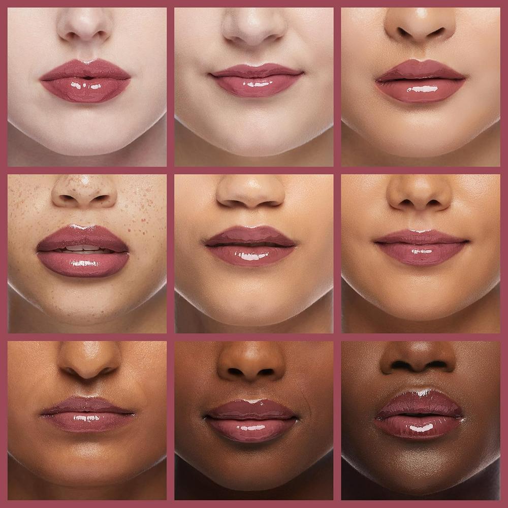 Different skin tones wearing Rimmel Oh My Gloss! Plump Lip Gloss #211 Mauve Mama, glossy mauve shine