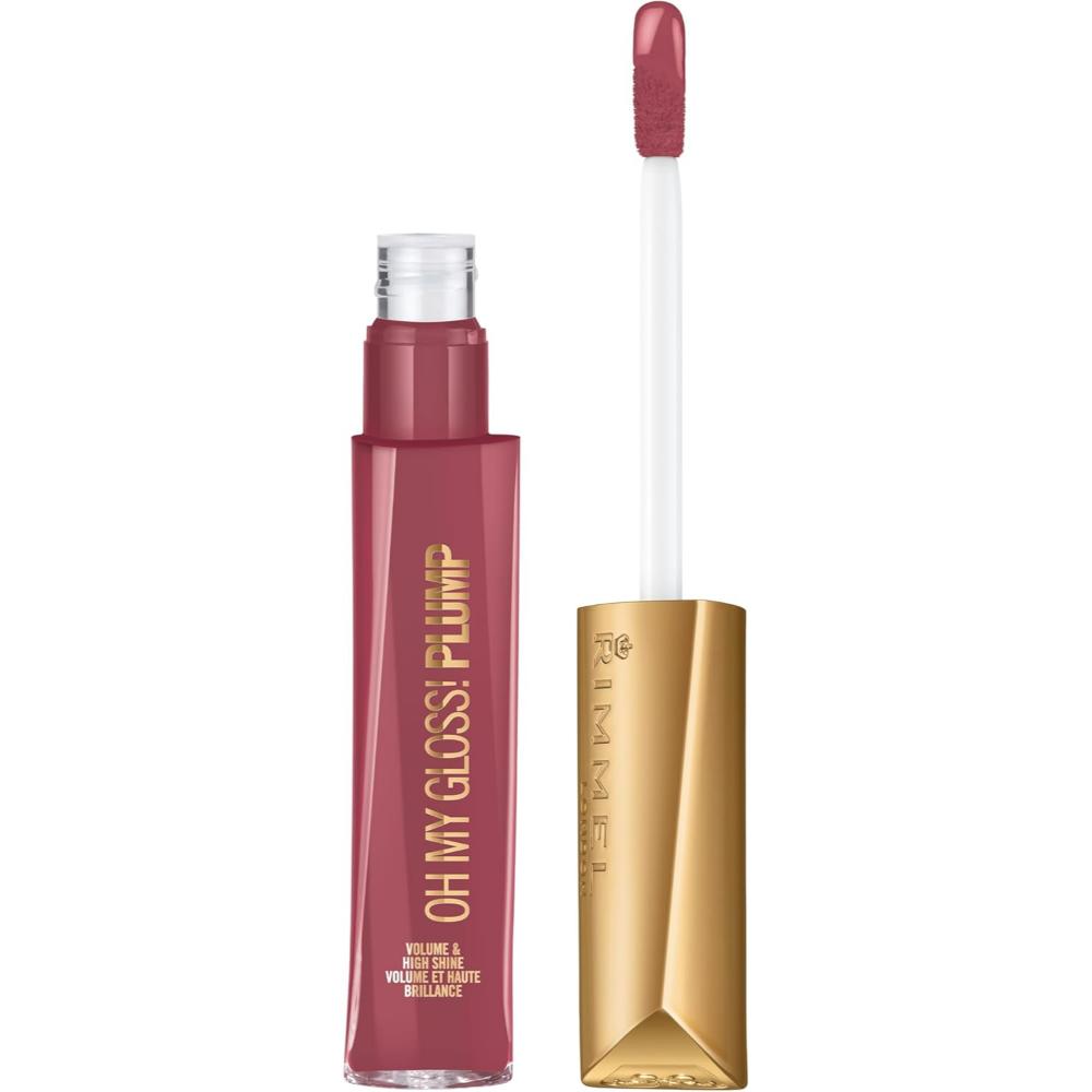 Rimmel Oh My Gloss! Plump Lip Gloss #211 Mauve Mama, open tube showing soft mauve gloss and applicator