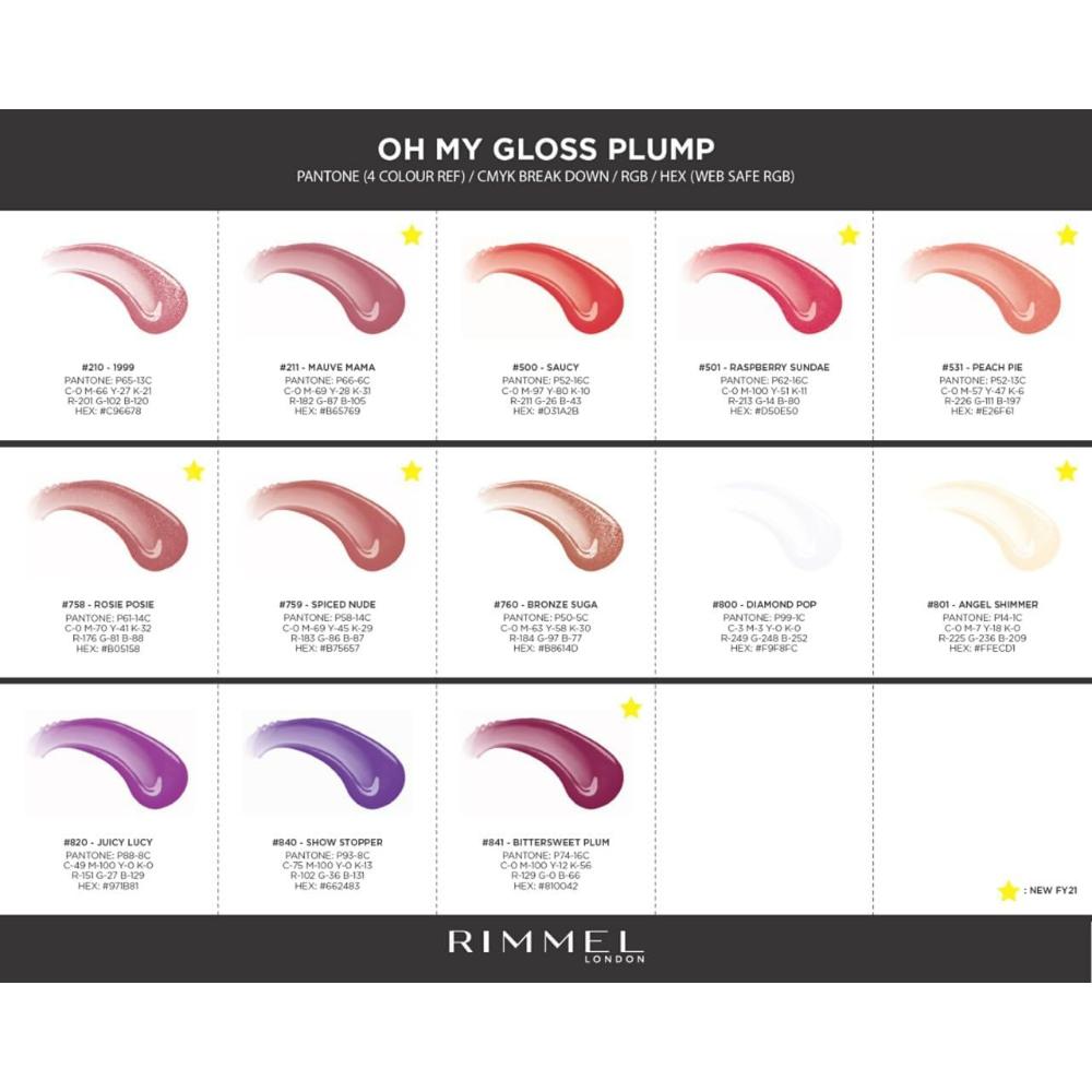 Rimmel Oh My Gloss! Plump Lip Gloss shade range, highlighting #211 Mauve Mama in the shade chart