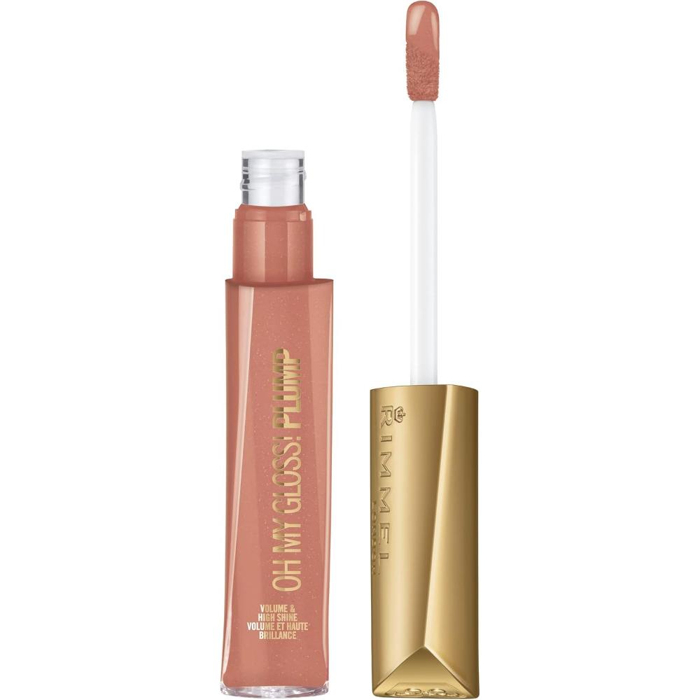 Open tube of Rimmel Oh My Gloss! Plump Lip Gloss in Peach Pie shade, with soft applicator wand