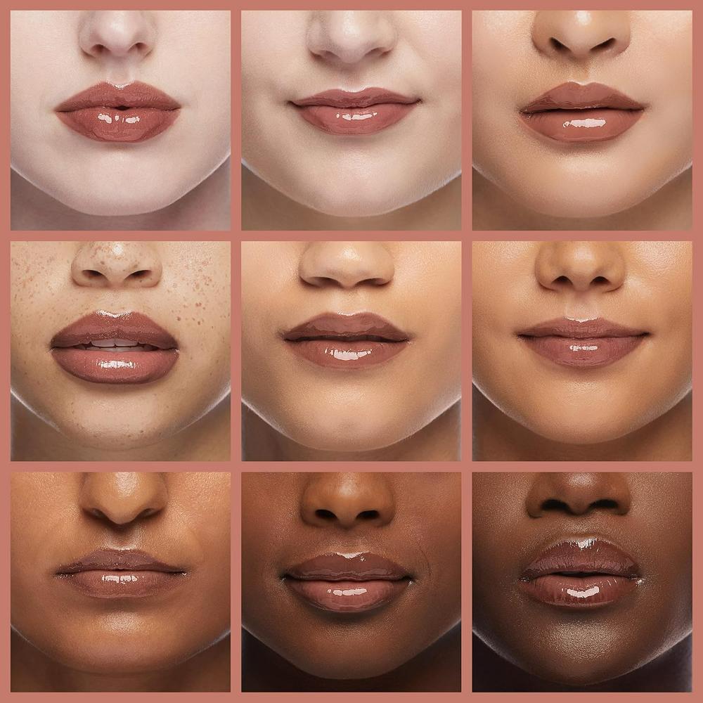 Swatches of Rimmel Oh My Gloss! Plump in Peach Pie shade on various skin tones, showcasing glossy, volumized lips