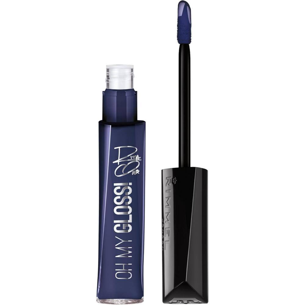 Close-up of Rimmel Rita Ora Oh My Gloss Lip Gloss in Moonlight, with the wand applicator revealing the deep blue gloss shade.