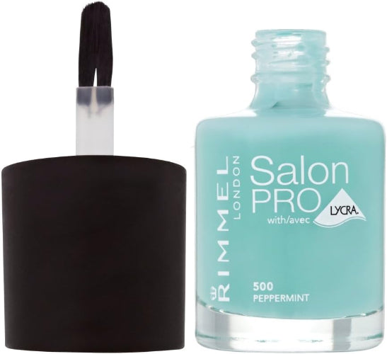 Open bottle of Rimmel Salon Pro Nail Polish shade 500 Peppermint with brush applicator