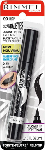 Rimmel Scandaleyes Jumbo Liquid Eyeliner 001 Black Noir retail pack showing waterproof and 24hr wear claims