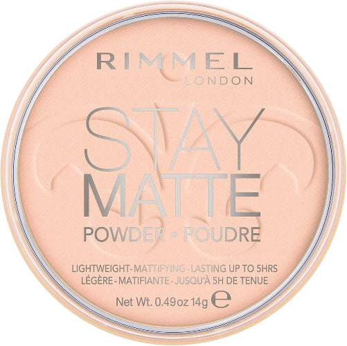 Closed Rimmel Stay Matte Pressed Powder 002 Pink Blossom compact highlighting smooth matte finish