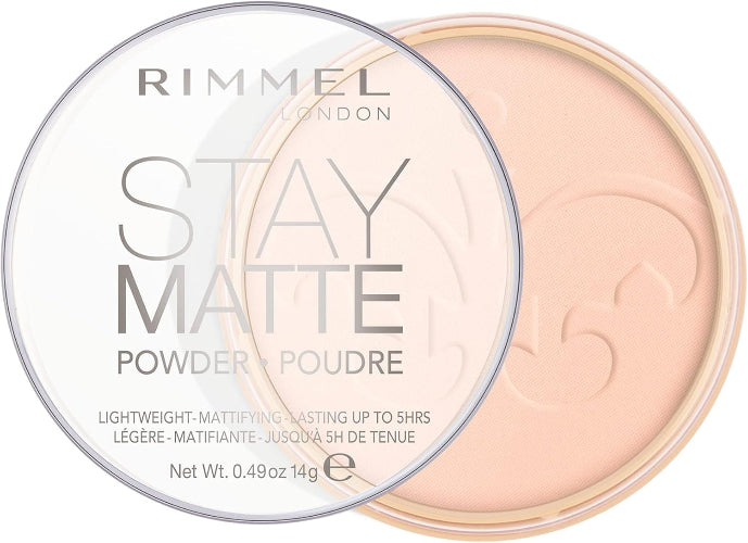 Rimmel Stay Matte Pressed Powder 002 Pink Blossom compact with transparent lid showing embossed powder