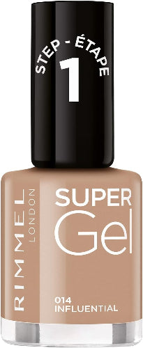 Rimmel Super Gel Nail Polish 014 Influential in nude beige shade with glossy finish, full bottle with black cap
