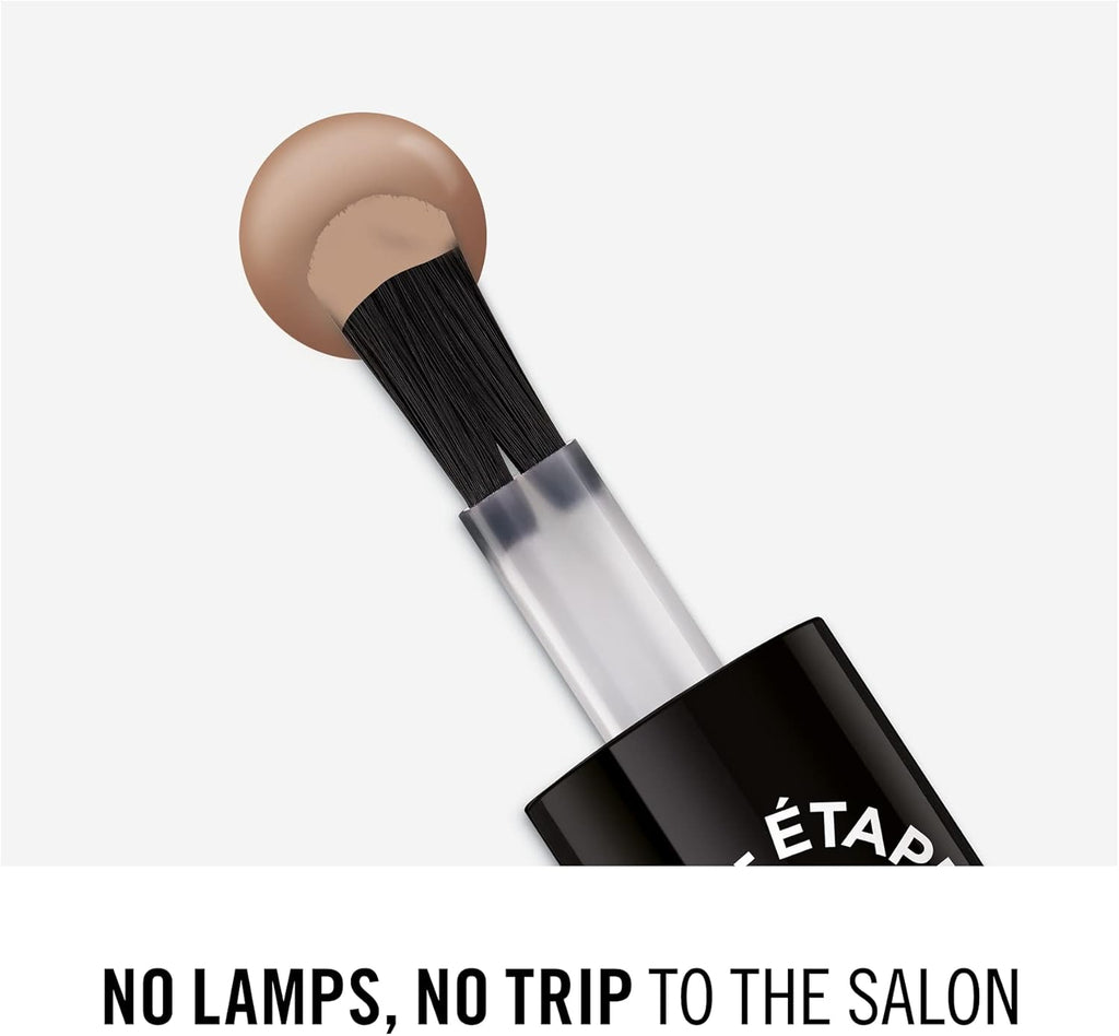 Rimmel Super Gel Nail Polish 014 Influential close-up of brush applicator coated with nude beige polish, labeled Step 1