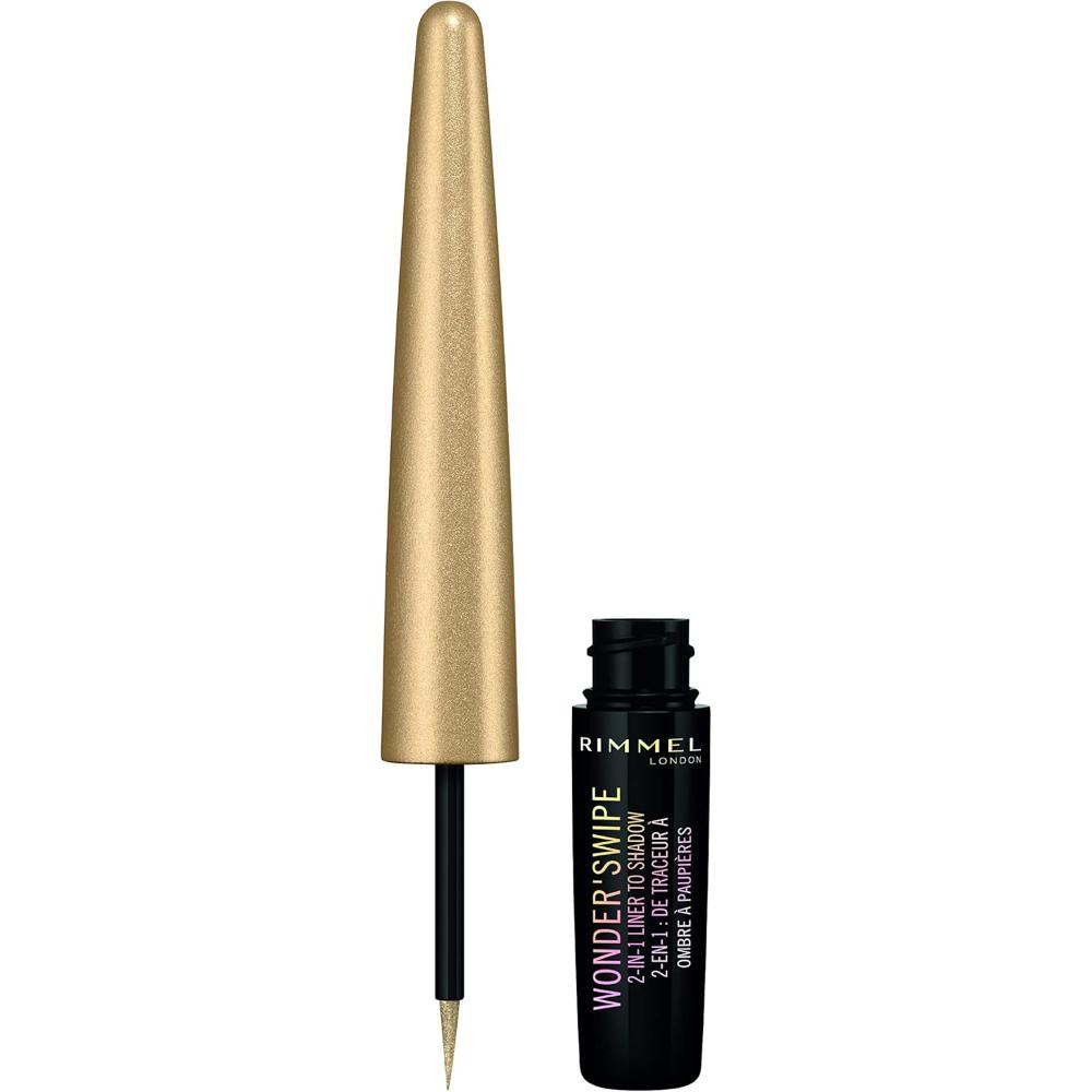 Open Rimmel Wonder Swipe 003 Ballin' eyeliner showcasing the precision applicator and shimmering gold liquid formula