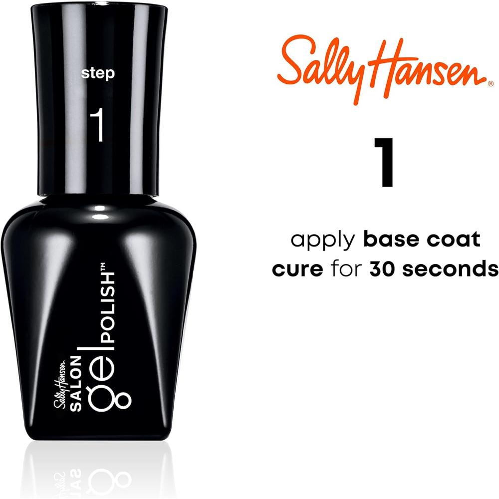 Sally Hansen 01 Gel Base Coat with text overlay ‘Step 1: Apply base coat, cure for 30 seconds’