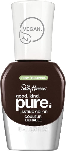 Sally Hansen Good Kind Pure vegan nail polish bottle in shade 151 Warm Cacao, a rich dark chocolate brown colour with glossy finish, shown in a 10ml bottle with a white cap and silver base for a modern sleek design