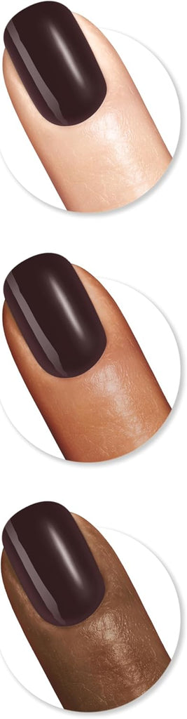 Sally Hansen Good Kind Pure 151 Warm Cacao vegan nail polish applied on three different skin tones, showing the dark chocolate brown shade with a high-shine finish, demonstrating how the colour complements light, medium, and deep complexions with equal elegance