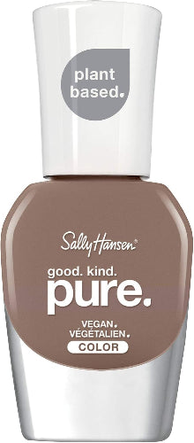 Front view of Sally Hansen Good Kind Pure vegan nail polish in shade 160 Raw Cocoa, a rich medium brown nail color, shown in its 11ml glass bottle with a glossy white cap and silver base, highlighting the plant-based formula.