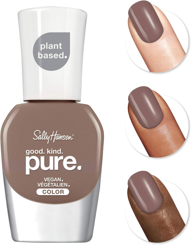 Sally Hansen Good Kind Pure 160 Raw Cocoa vegan nail polish bottle alongside swatches on three different skin tones, displaying the warm cocoa-brown color with a smooth glossy finish.