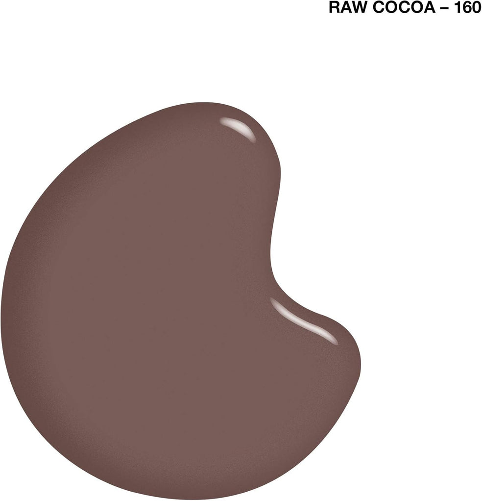 Close-up swatch of Sally Hansen 160 Raw Cocoa nail polish, a deep neutral brown shade with earthy tones, demonstrating its creamy texture and glossy shine.