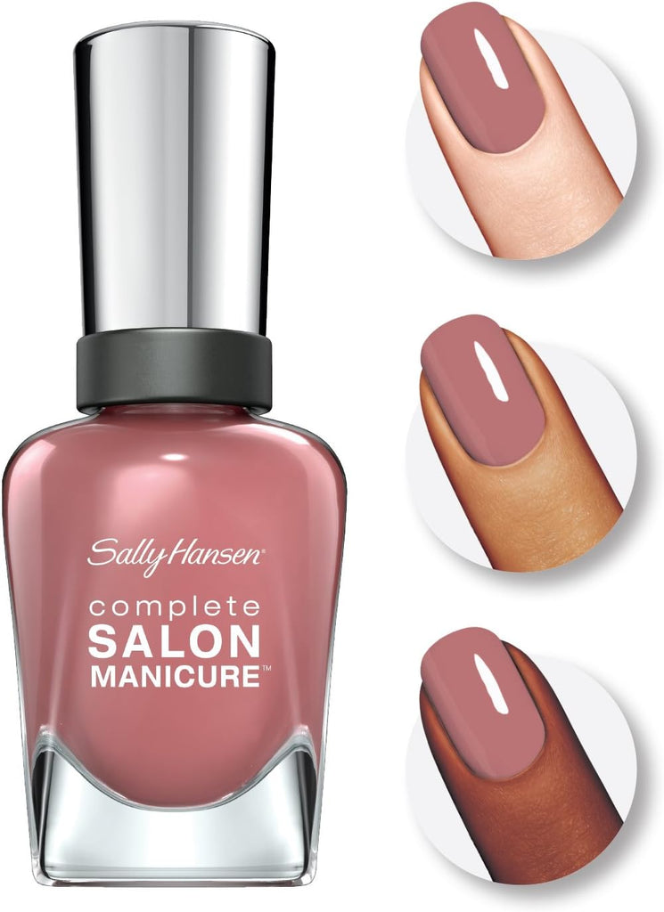 Swatches of Sally Hansen Complete Salon Manicure 260 So Much Fawn nail polish shown on light, medium, and deep skin tones, highlighting its rosy brown shade