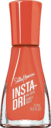 Front view of Sally Hansen Insta-Dri nail polish bottle in shade 356 Beach You To It, a vivid coral-orange quick-dry varnish with a tall matching coral cap, 9.17ml size