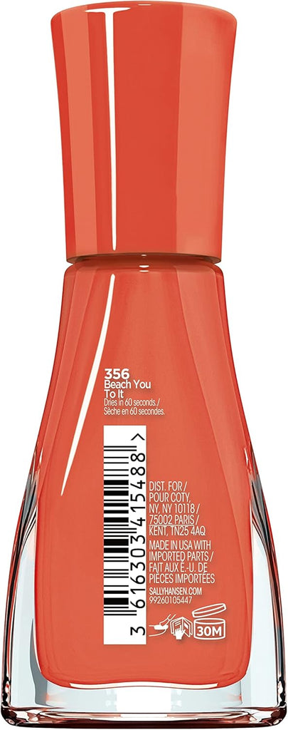 Back of Sally Hansen Insta-Dri 356 Beach You To It nail polish bottle, showing barcode, ingredients information, product details and the rich coral-orange polish shade visible through the glass