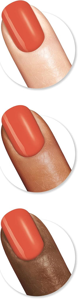 Sally Hansen Insta-Dri 356 Beach You To It polish applied to nails across three skin tones, showing the vibrant coral-orange shade’s versatility and high-shine coverage