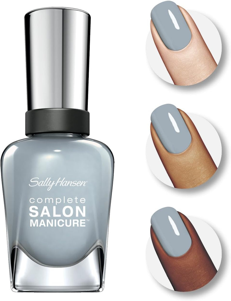 Sally Hansen Complete Salon Manicure 362 In Full Blue-M nail polish bottle with swatches on three skin tones, displaying a smooth glossy finish of the muted blue-grey shade.