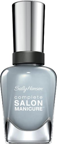 Sally Hansen Complete Salon Manicure Nail Polish bottle in shade 362 In Full Blue-M, a soft muted grey-blue colour, shown in a clear glass bottle with silver metallic cap and black collar.