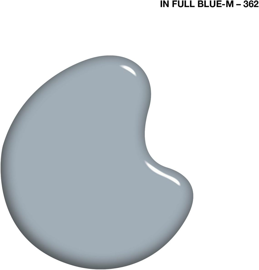 Close-up swatch of Sally Hansen 362 In Full Blue-M nail polish, showing the creamy muted grey-blue shade with a glossy shine.