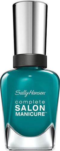 Sally Hansen Complete Salon Manicure Nail Polish bottle in shade 673 Blue Streak, a vibrant teal blue colour, shown in a clear glass bottle with a shiny silver cap and black collar.