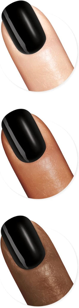 Application on nails of Sally Hansen Insta-Dri Nail Polish 684 Ghouls Night Out, showing sleek opaque black finish on different skin tones