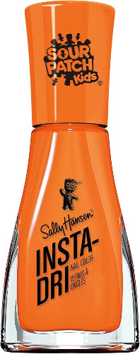 Close-up of Sally Hansen Insta-Dri 755 Pump-Kid Sour Patch Kids nail polish bottle in bright pumpkin orange with black Sour Patch Kids cap