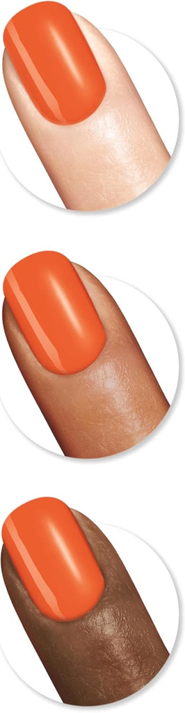 Sally Hansen Insta-Dri 755 Pump-Kid nail polish shown on different skin tones, displaying its bold and vivid orange coverage