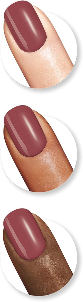 Nail swatches of Sally Hansen Complete Salon Manicure 331 Enchante on light, medium, and dark skin tones, showing its deep rose pink coverage