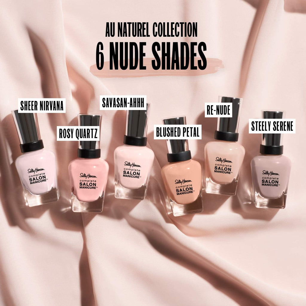 Guide showing 4 steps to a perfected manicure with Sally Hansen Complete Salon Manicure range