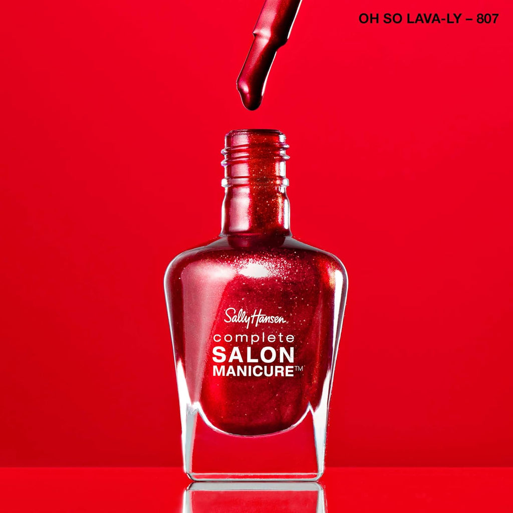 Bottle of Sally Hansen 807 Oh So Lava-Ly nail polish open with brush dipped in metallic red shade
