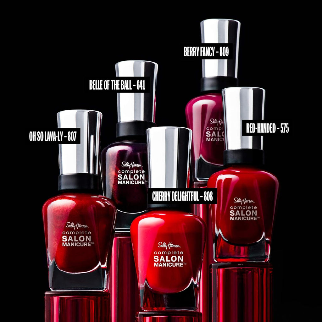 Line-up of Sally Hansen Complete Salon Manicure bottles including 807 Oh So Lava-Ly
