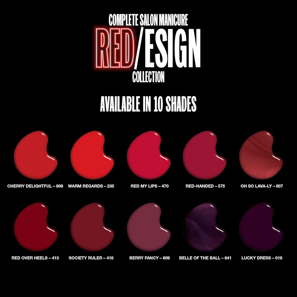 Sally Hansen Complete Salon Manicure Redesign Collection swatches showing 807 Oh So Lava-Ly among 10 red tones