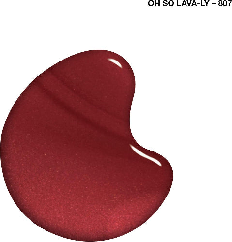 Close-up polish drop of Sally Hansen 807 Oh So Lava-Ly metallic red shimmer shade