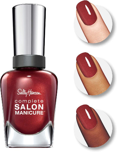 Sally Hansen Complete Salon Manicure 807 Oh So Lava-Ly red nail polish swatched on different skin tones
