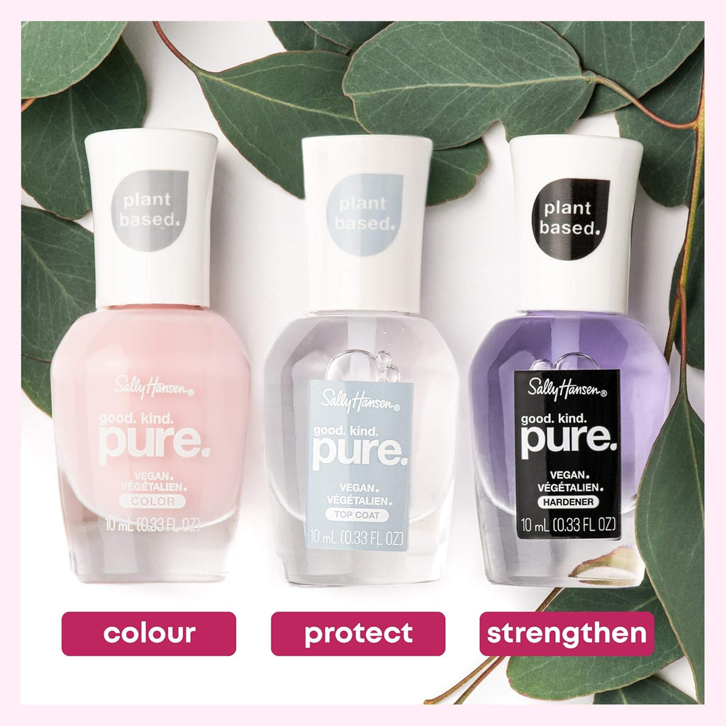 Sally Hansen Good Kind Pure Vegan Nail Polish set display featuring color, protective top coat, and strengthening hardener alongside shade 180 Soft Plum