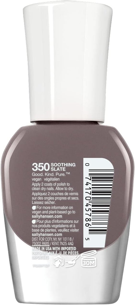 Back of Sally Hansen Good Kind Pure nail polish 350 Soothing Slate bottle with instructions, vegan details and barcode