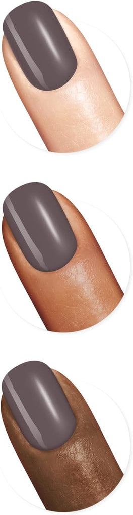 Sally Hansen Good Kind Pure nail polish 350 Soothing Slate applied on different skin tones, showing smooth even taupe-grey coverage