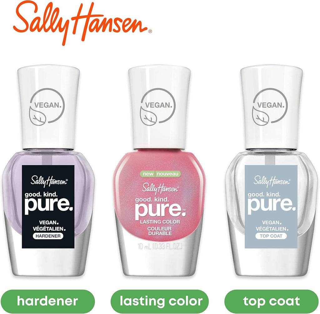 Sally Hansen Good Kind Pure vegan nail care set featuring hardener, Soothing Slate polish, and top coat, all with white vegan-labelled caps